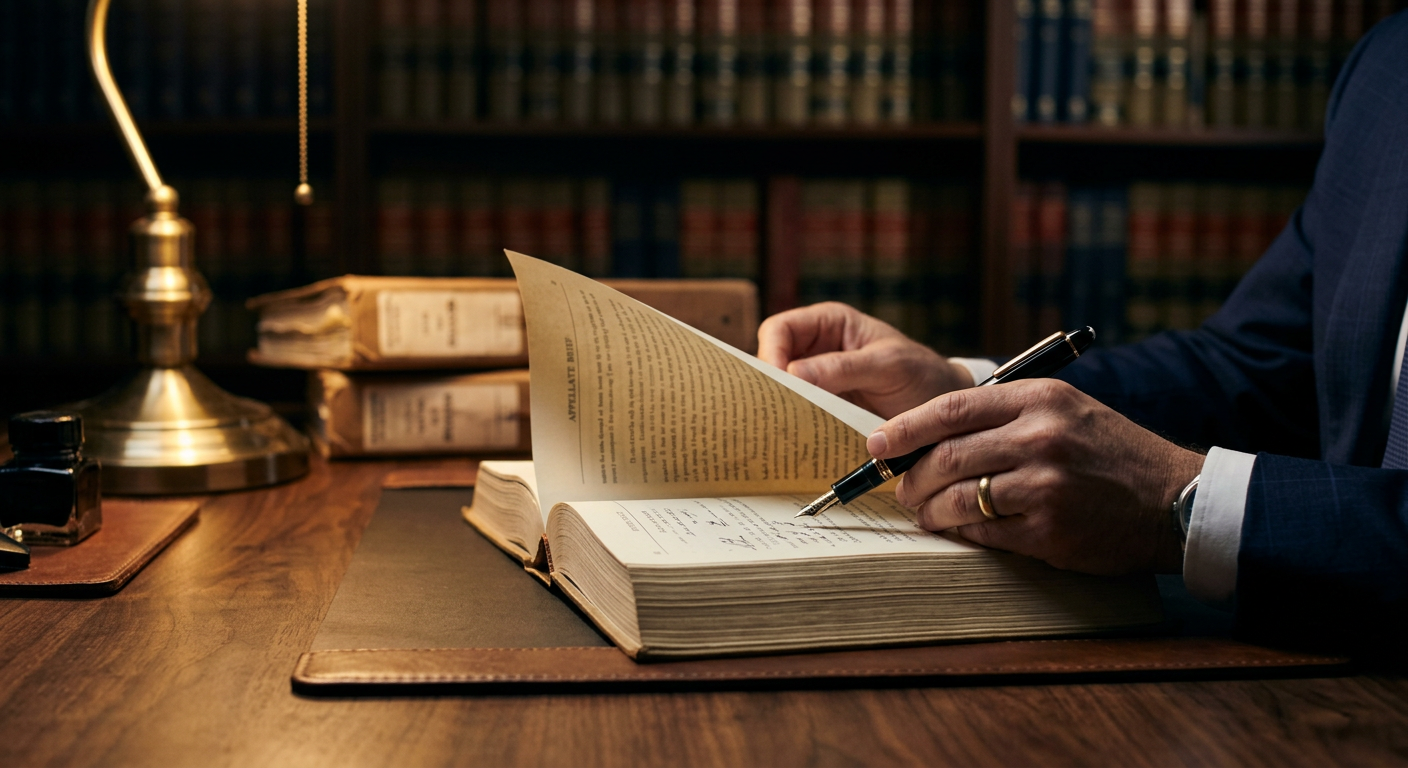 An attorney reviewing a bound appellate brief at a desk