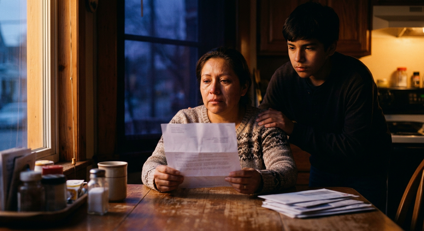 A mother holding a letter from immigration court as her son comforts her